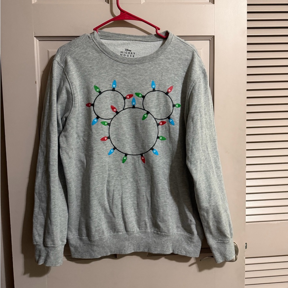 Disney Mickey Mouse Women's Size Med. Sweatshirt Crew Neck Gray Christmas Lights